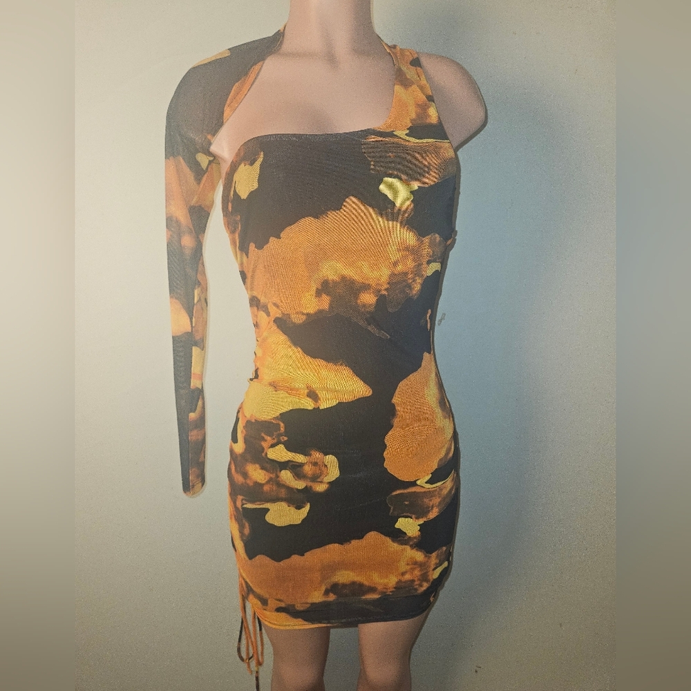 Fashien Nova Tie-Dye One-Shoulder Bodycon Dress in Orange and Black